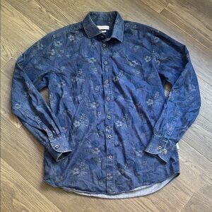 Bugatti | Dark Blue Hawaiian Themed Long Sleeve Button Up Shirt Size Medium